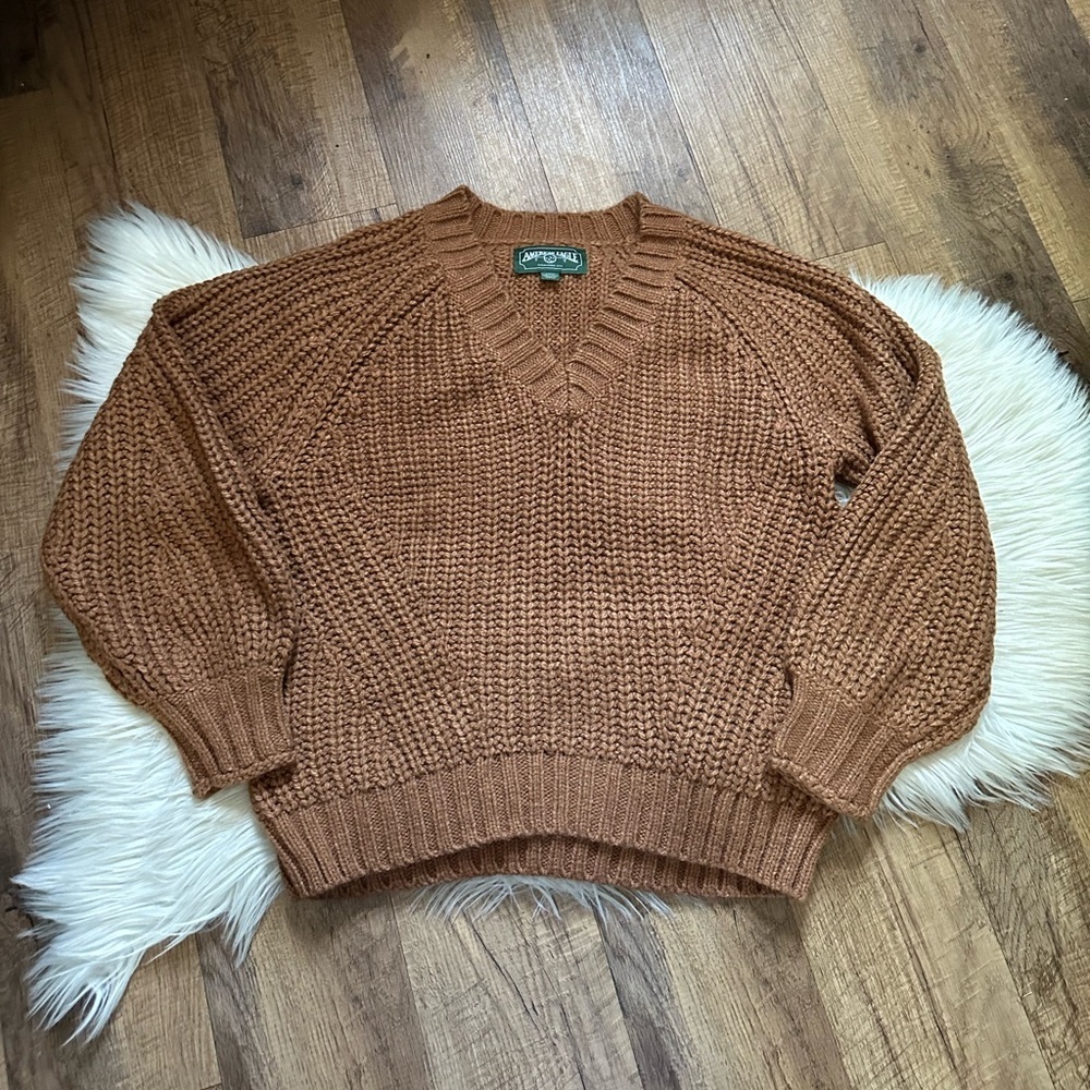 AMERICAN EAGLE Chunky Knit V-Neck Brown Sweater